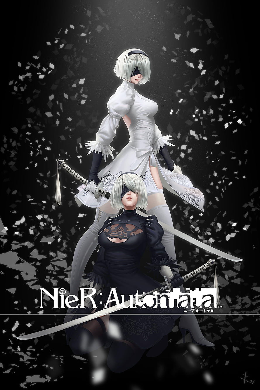 NieR Automata 2B and 9S Dual Character Artwork with Swords and Shattered Glass HD phone wallpaper