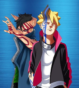 Boruto Uzumaki and Kawaki anime duo with glowing markings on blue background HD phone wallpaper