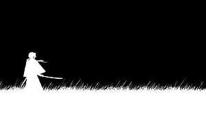 Minimalist White Silhouette of a Samurai Warrior Standing in Grass Against Black Background HD wallpaper