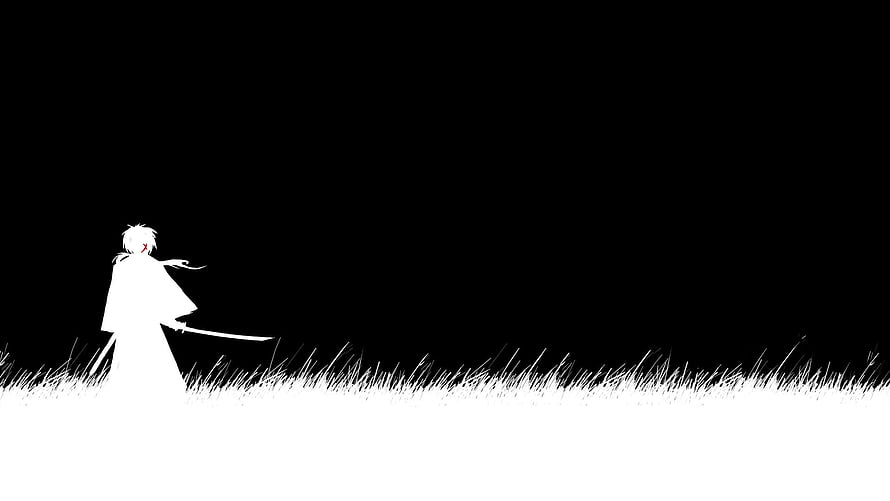 Minimalist White Silhouette of a Samurai Warrior Standing in Grass Against Black Background HD wallpaper