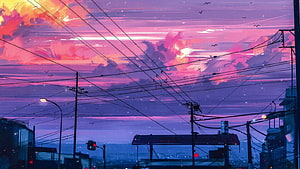 Vibrant Anime Sunset Cityscape With Power Lines And Purple Sky HD wallpaper