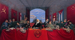 Marx at the Head of a Table with Global Revolutionary Leaders and National Flags HD wallpaper