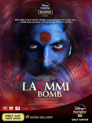 Laxmmi Bomb Movie Poster Featuring Akshay Kumar as a Blue-Faced Demon with Glowing Red Eyes HD phone wallpaper
