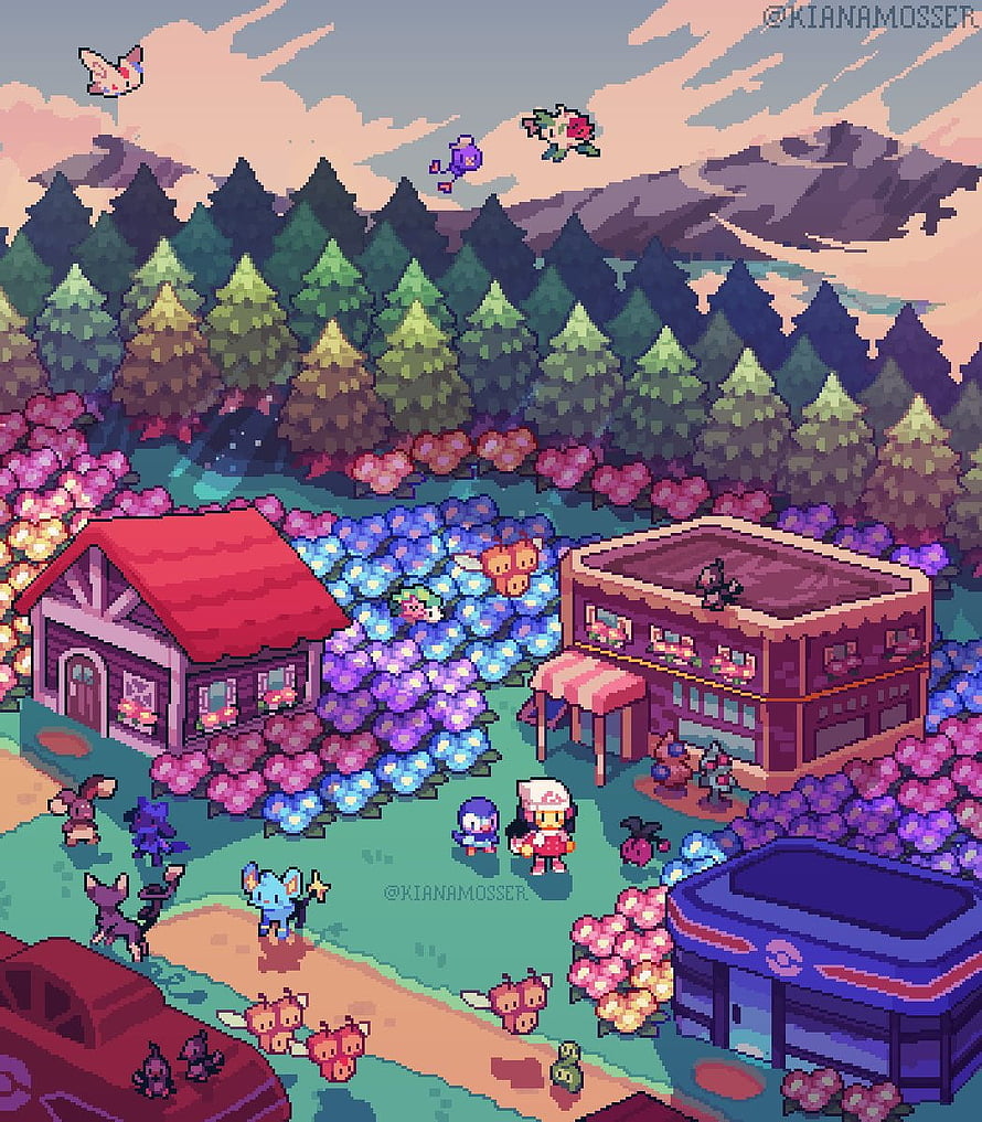 Pixel Art Pokemon Town with Team Rocket Grunt and Various Pokemon in a Colorful Landscape HD phone wallpaper
