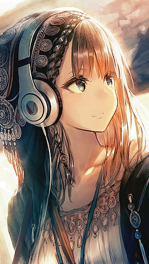 Anime Girl With Headphones And Traditional Headscarf In Warm Sunlight HD phone wallpaper
