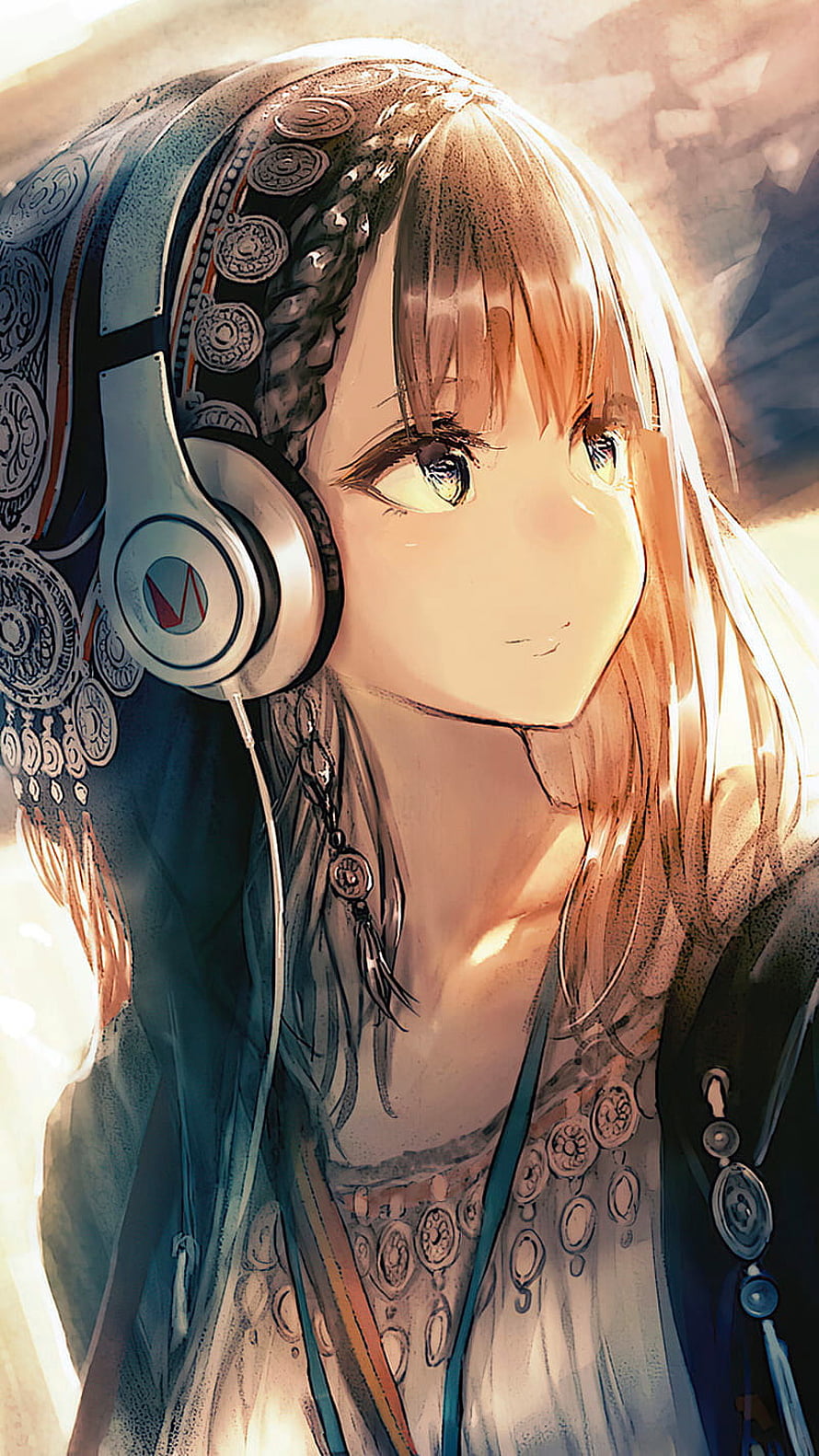 Anime Girl With Headphones And Traditional Headscarf In Warm Sunlight HD phone wallpaper
