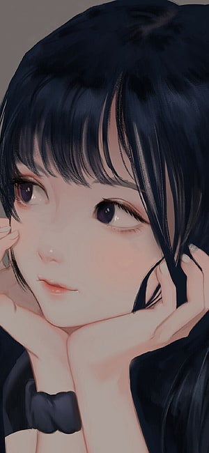 Anime Girl With Black Hair And Purple Eyes Resting Chin On Hands HD phone wallpaper