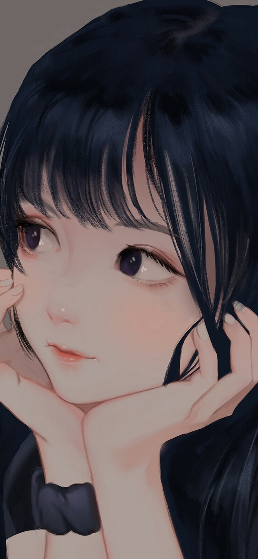 Anime Girl With Black Hair And Purple Eyes Resting Chin On Hands HD phone wallpaper