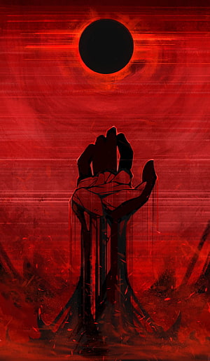 Berserk Eclipse: Dark Hand Reaching Toward Black Sun in Crimson Apocalypse HD phone wallpaper