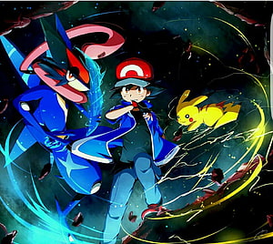 Ash Ketchum with Pikachu and Greninja in Dynamic Anime Battle Scene HD wallpaper