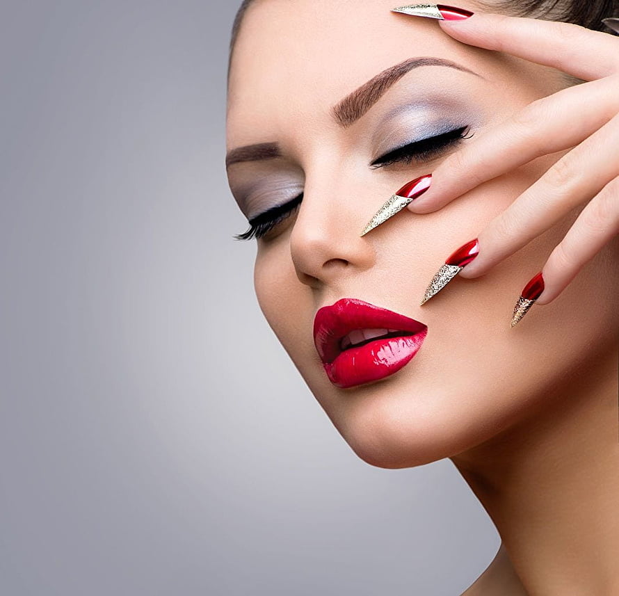 Elegant Beauty Portrait Featuring Dramatic Red Lipstick and Long Stiletto Nails HD wallpaper