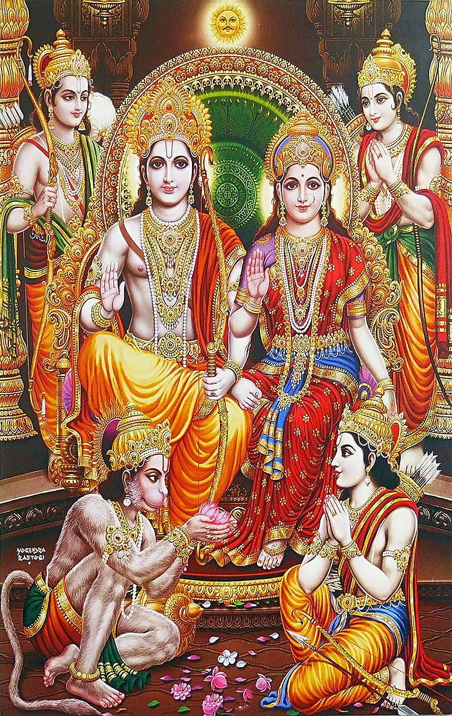 Ram Darbar Divine Painting with Sita Hanuman and Lakshman in Traditional Indian Art Style, Ram Darbar HD phone wallpaper