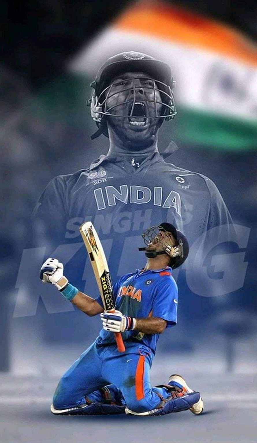 Yuvraj Singh Kneeling in Celebration with Cricket Bat and Indian Flag Background HD phone wallpaper