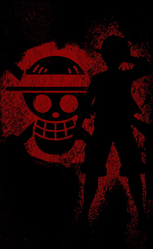 One Piece Monkey D. Luffy Silhouette With Straw Hat Pirates Jolly Roger Red Background HD phone wallpaper