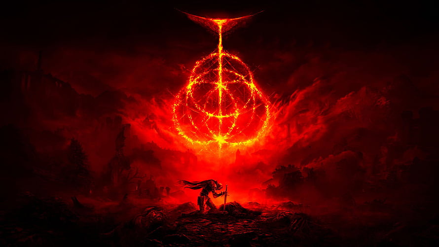Dark Fantasy Warrior Confronting Glowing Red Rune Symbol in Hellish Landscape HD wallpaper