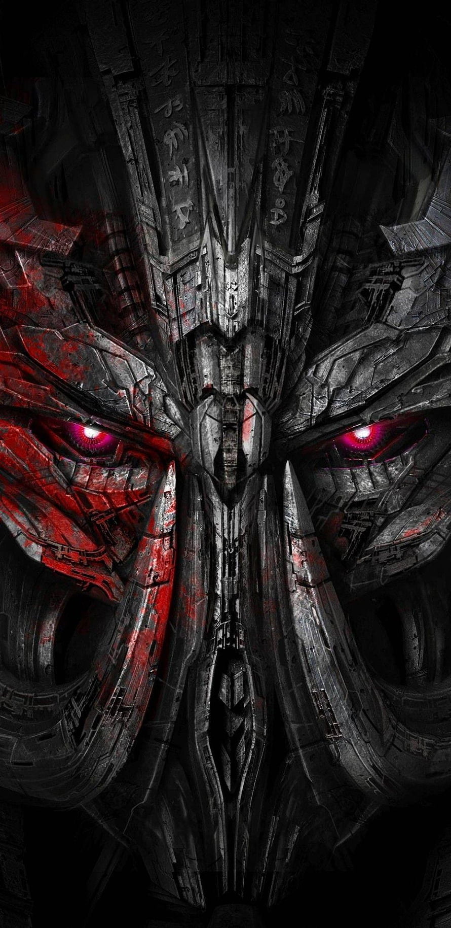 Megatron Dark Metallic Face with Glowing Red Eyes and Intricate Mechanical Plating HD phone wallpaper