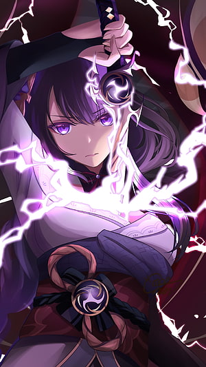 Raiden Shogun wielding Electro energy with purple lightning and traditional samurai attire HD phone wallpaper
