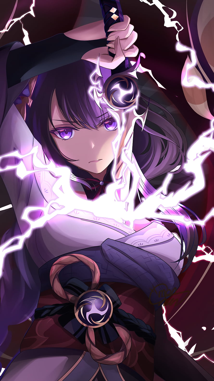 Raiden Shogun wielding Electro energy with purple lightning and traditional samurai attire HD phone wallpaper