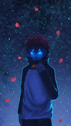 Anime Character With Glowing Blue Eyes Under a Starry Night Sky HD phone wallpaper