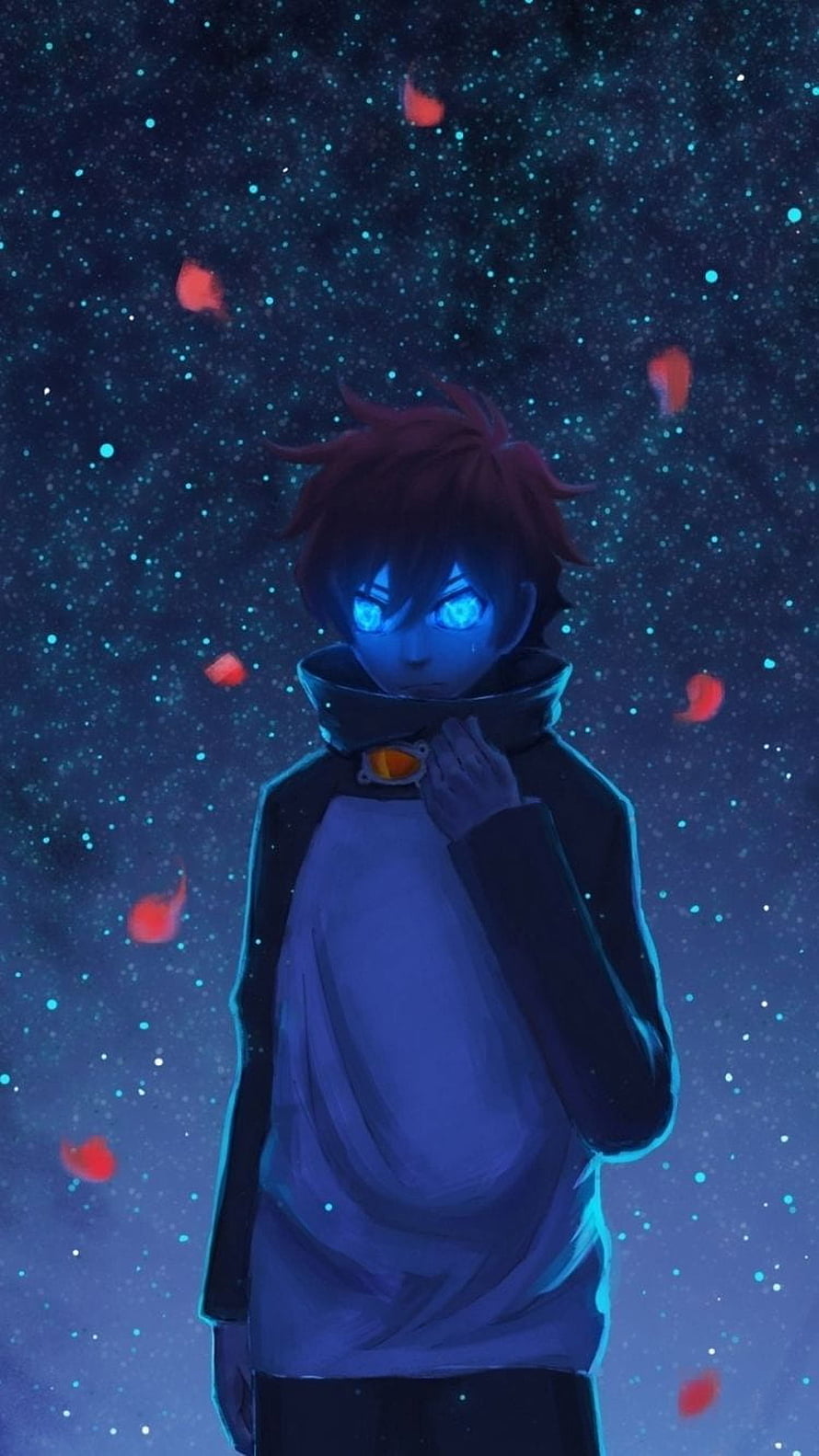 Anime Character With Glowing Blue Eyes Under a Starry Night Sky HD phone wallpaper