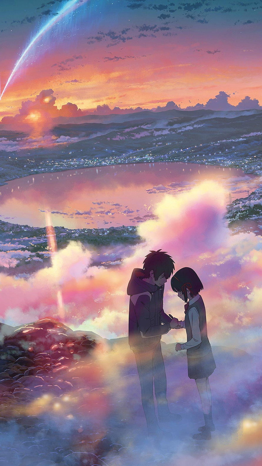 Your Name Anime Artwork: Taki and Mitsuha at Sunset Over a Misty Valley HD phone wallpaper