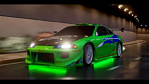 Green Toyota Supra JDM drift car with neon underglow driving through a tunnel at night HD wallpaper