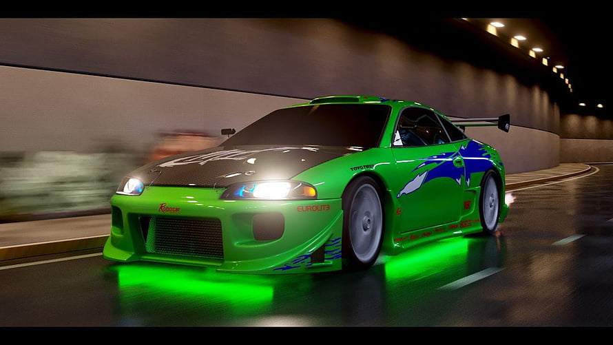 Green Toyota Supra JDM drift car with neon underglow driving through a tunnel at night HD wallpaper