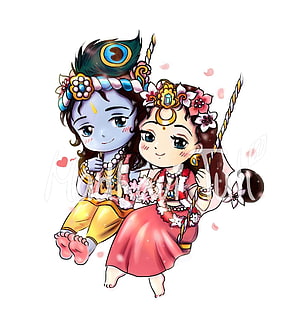 Cute Chibi Radha and Krishna Sitting Together on a Swing with Peacock Feather and Floral Garlands HD phone wallpaper