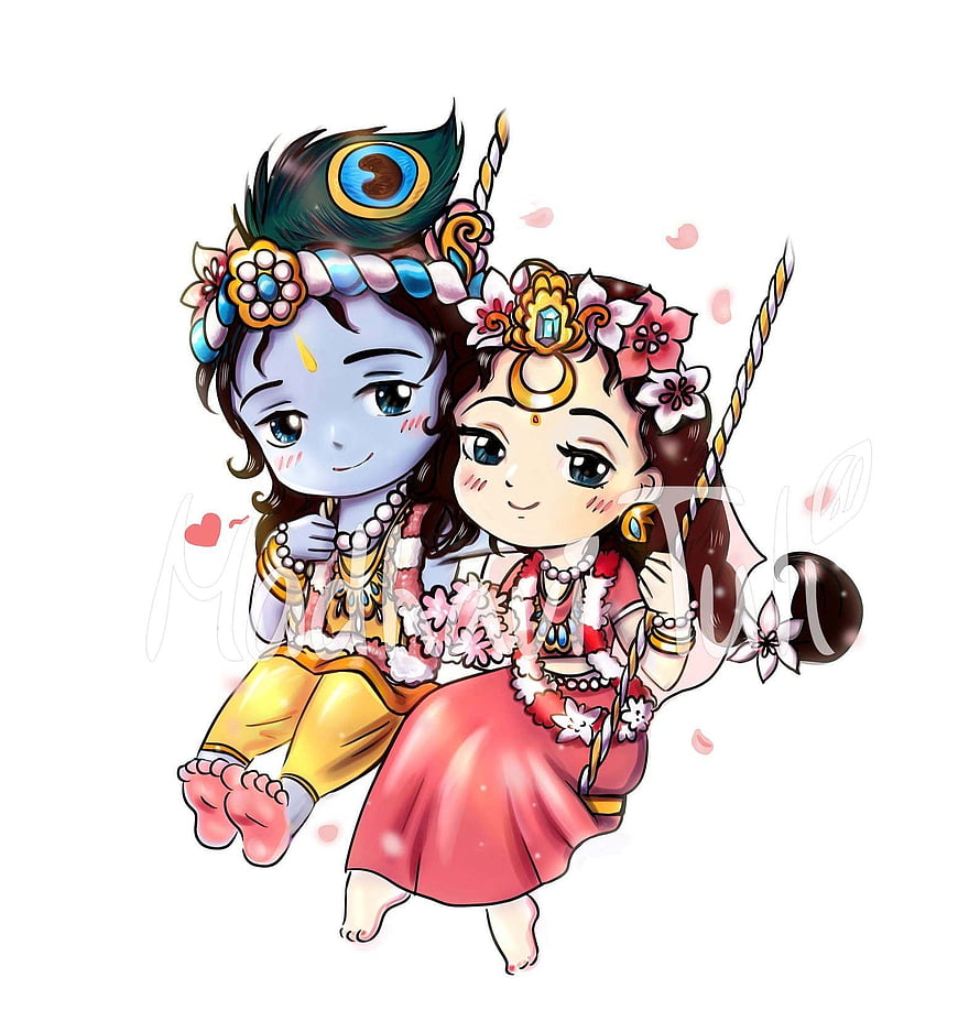 Cute Chibi Radha and Krishna Sitting Together on a Swing with Peacock Feather and Floral Garlands HD phone wallpaper