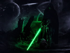 Din Djarin and Grogu with Green Lightsaber in Star Wars Mandalorian Concept Art HD wallpaper