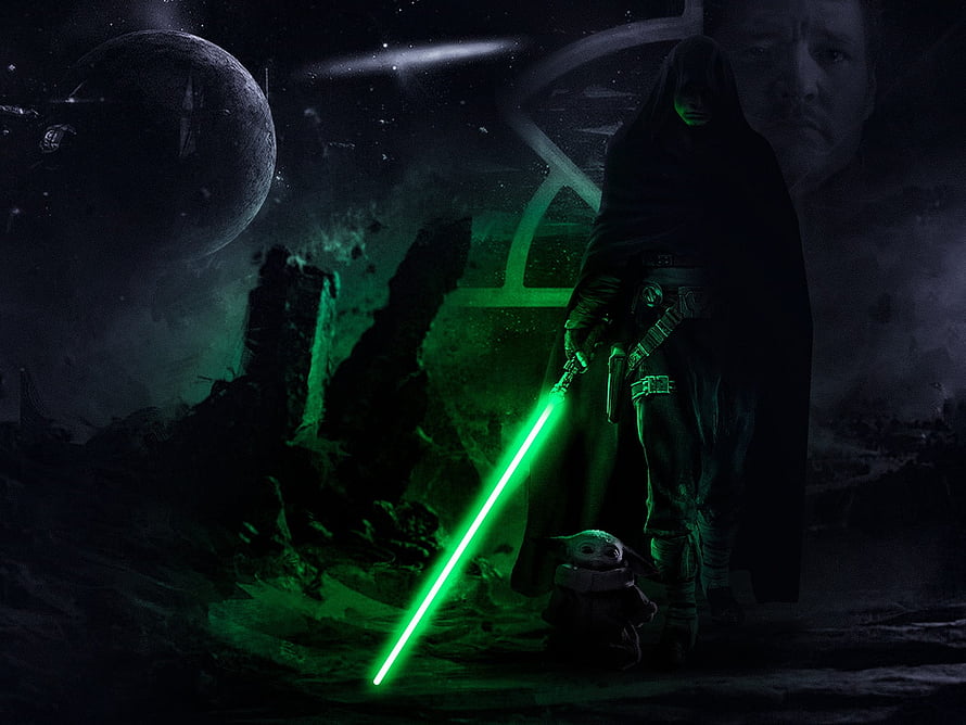Din Djarin and Grogu with Green Lightsaber in Star Wars Mandalorian Concept Art HD wallpaper