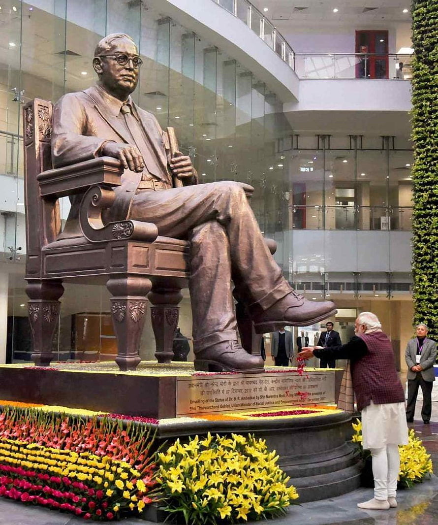 Bronze Statue of Dr B R Ambedkar Seated in Chair with Flowers HD phone wallpaper