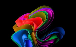 Windows 11 Default Abstract Ribbon Wallpaper with Vibrant Multicolor Flowing Shapes on Black Background HD wallpaper