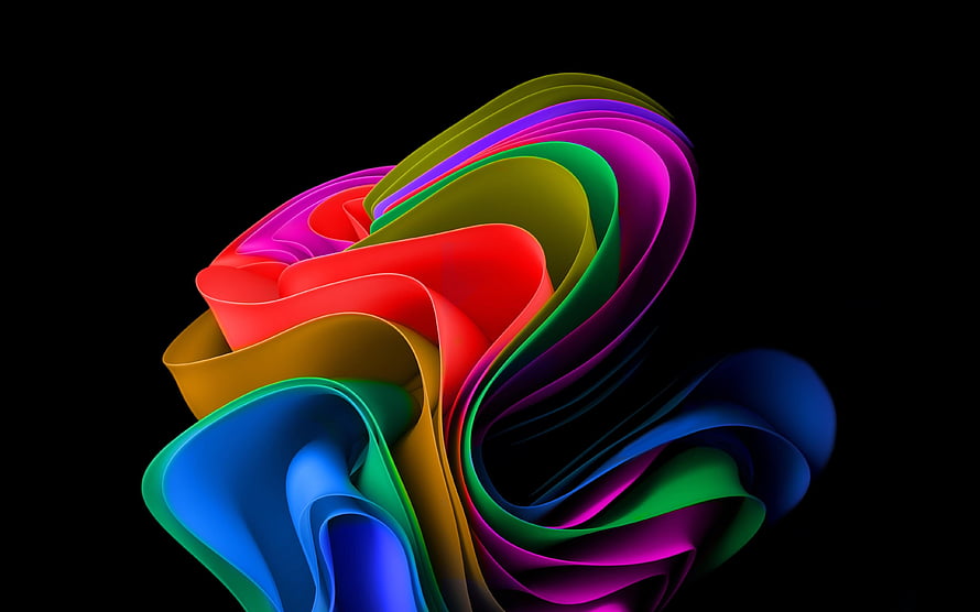 Windows 11 Default Abstract Ribbon Wallpaper with Vibrant Multicolor Flowing Shapes on Black Background HD wallpaper