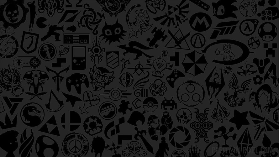 Dark Gaming Icon Pattern with Retro Controllers and Franchise Logos HD wallpaper