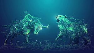 Low Poly Bull and Bear Confrontation with Financial Data Overlay on Dark Blue Background HD wallpaper