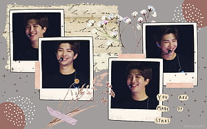 RM BTS smiling polaroid collage with dried flowers and vintage paper background HD wallpaper