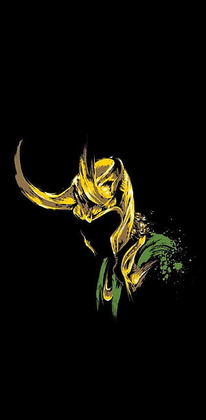 Loki Horned Helmet Artwork in Yellow and Green Brushstrokes on Black Background HD phone wallpaper