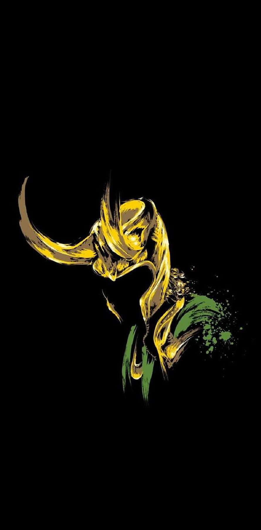 Loki Horned Helmet Artwork in Yellow and Green Brushstrokes on Black Background HD phone wallpaper