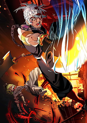 Tengen Uzui and Gyutaro Demon Slayer Combat Scene HD phone wallpaper