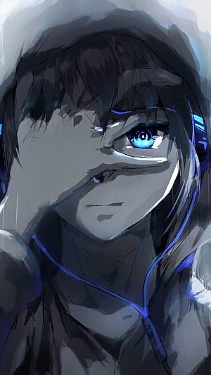 Anime Male Character Portrait Wearing Hoodie and Headphones with Glowing Blue Eyes HD phone wallpaper