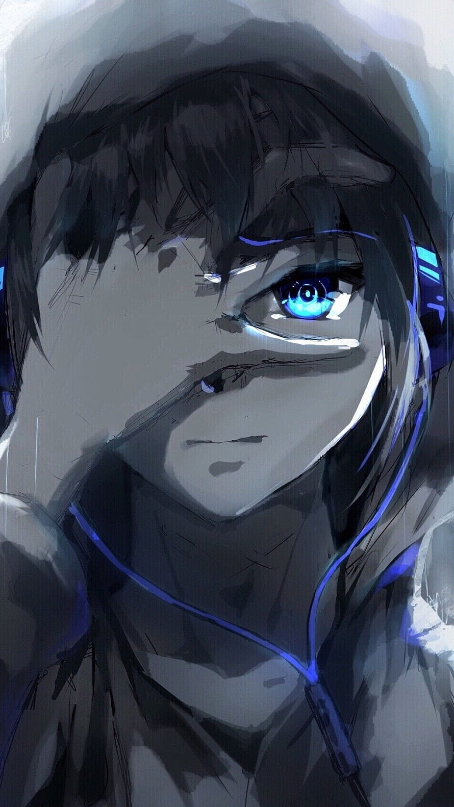 Anime Male Character Portrait Wearing Hoodie and Headphones with Glowing Blue Eyes HD phone wallpaper