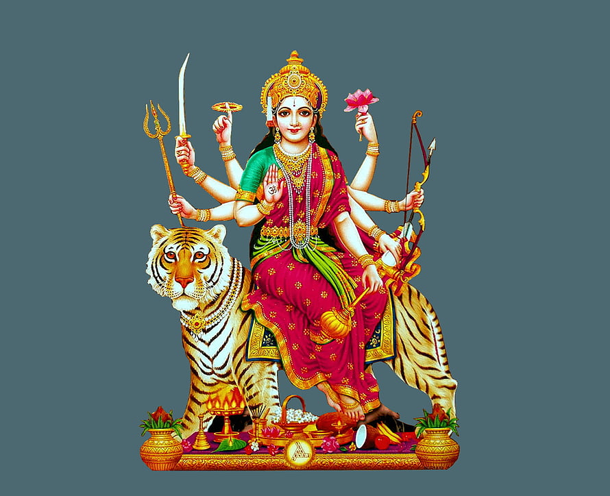Goddess Durga Sitting on Tiger with Weapons and Lotus Flower HD wallpaper
