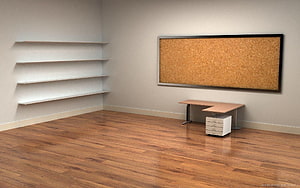 Minimalist Office Interior With Cork Board, Floating Shelves, and Hardwood Flooring HD wallpaper