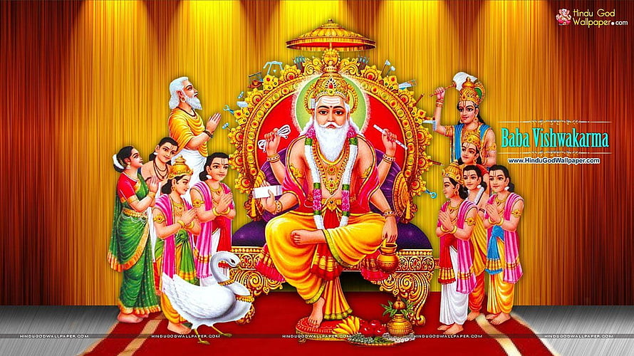Baba Vishwakarma Seated on Ornate Throne Surrounded by Deities and White Swan HD wallpaper