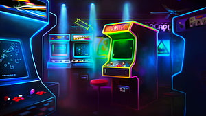 Retro Arcade Room With Neon Glowing Pong Machine And Vintage Game Cabinets HD wallpaper