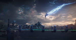 Thor Ragnarok Cinematic Scene Featuring Lightning Strike and Epic Battle HD wallpaper