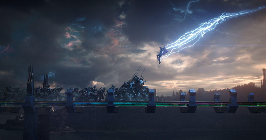 Thor Ragnarok Cinematic Scene Featuring Lightning Strike and Epic Battle HD wallpaper