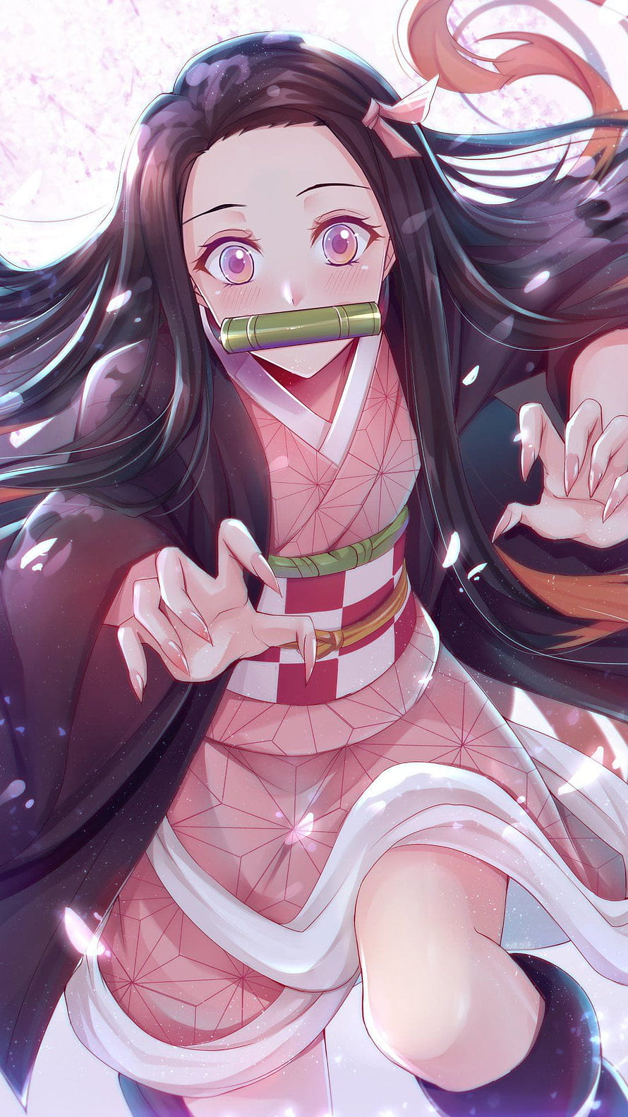 Nezuko Kamado from Demon Slayer in Pink Kimono with Bamboo Mouthpiece Anime Wallpaper HD phone wallpaper