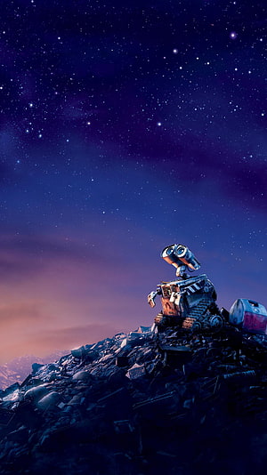 WALL-E Robot Standing on Scrap Metal Hill Under a Starry Night Sky HD phone wallpaper